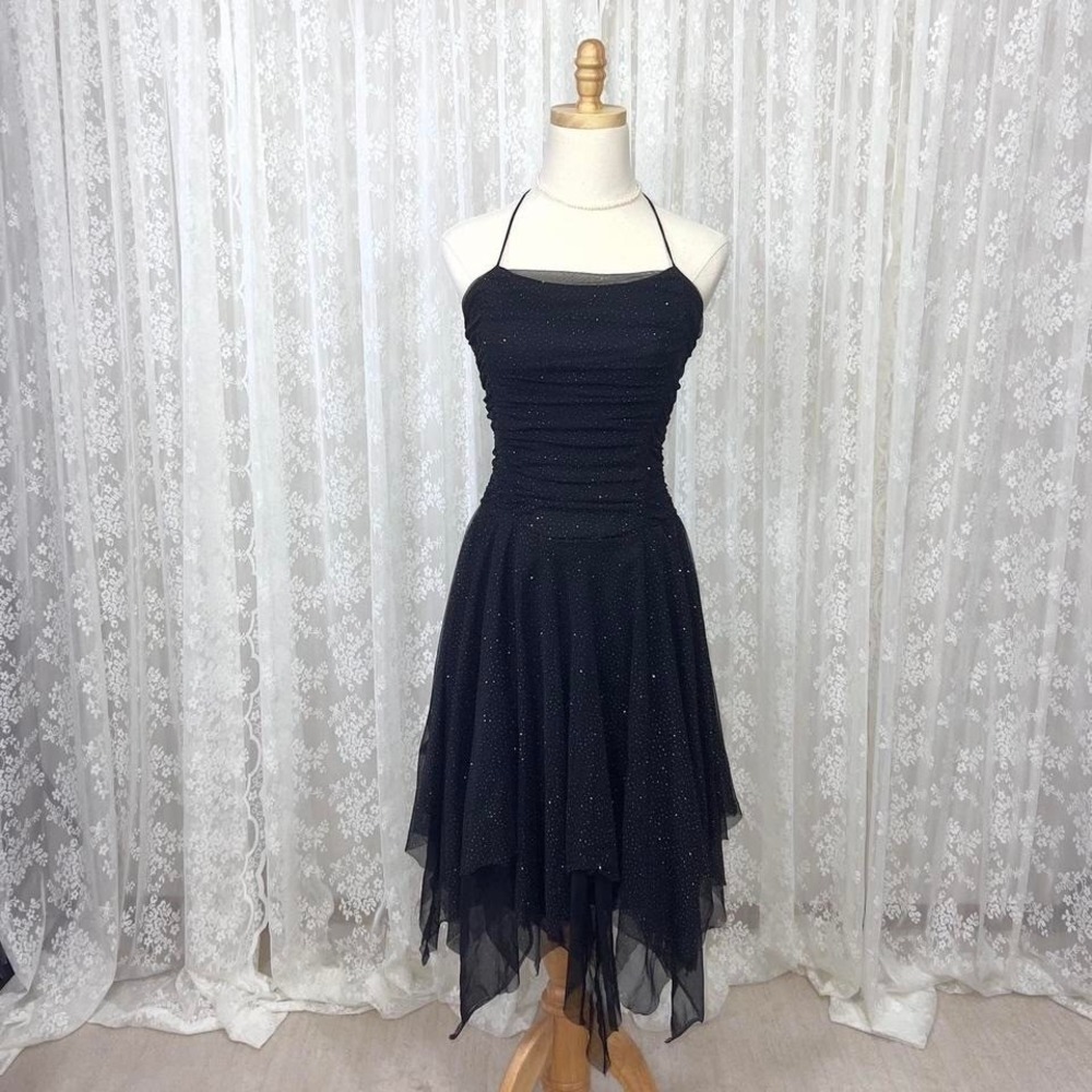 Vintage Yves Whimsigoth Black Sparkly Halter Corset Midi Dress L MUSA GothFairy‎